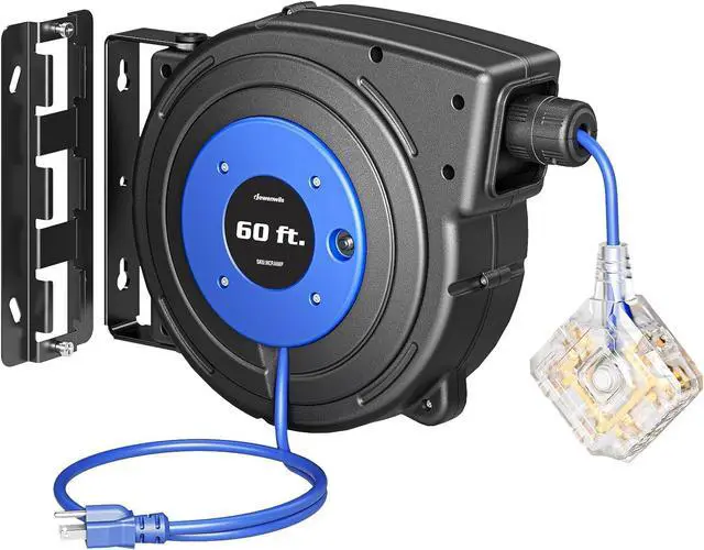 Main image of 60FT Extension Cord Reel, Retractable Cord Reel, Twist-lock Stopper, 12/3C SJTOW, 6 Grounded Outlets, Retractable Extension Cord, 15A Circuit Breaker, Heavy Duty Power Cord, ETL Listed