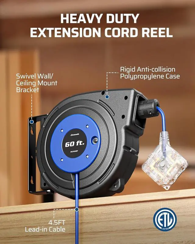 Alt view image 5 of 7 - 60FT Extension Cord Reel, Retractable Cord Reel, Twist-lock Stopper, 12/3C SJTOW, 6 Grounded Outlets, Retractable Extension Cord, 15A Circuit Breaker, Heavy Duty Power Cord, ETL Listed