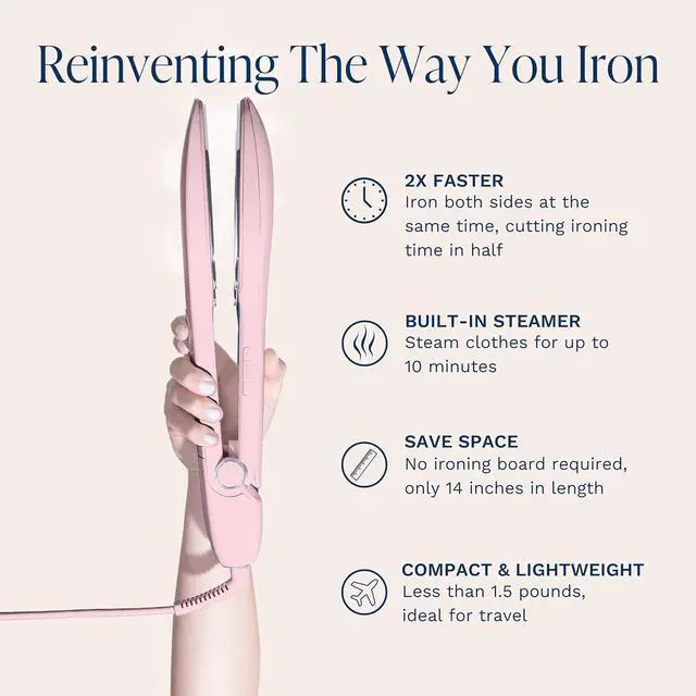 Alt view image 3 of 6 - Press Travel Steam Iron - Handheld Iron With Optional Steam Feature - No Ironing Board Required - Easy to Use w/ 6 Fabric Settings - Removes Wrinkles - Mothers Day Gifts for Mom - Pink
