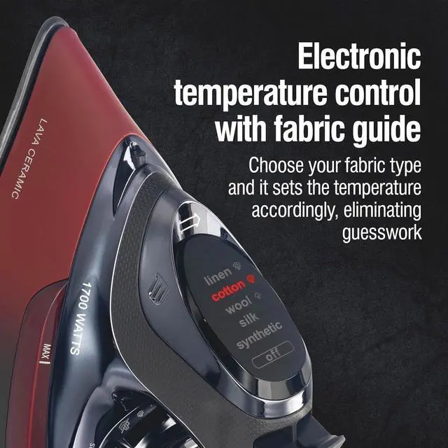 Alt view image 5 of 7 - Steam Iron for Clothes with 8 Retractable Cord, 1700 Watts, 3-Way Auto Shutoff, 400+ Holes, Professional Grade, Temperature Control Dial, Lava Infused Ceramic Soleplate, Black (13113)