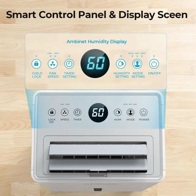 Alt view image 5 of 7 - 1500 Sq.ft Dehumidifier for Basement, PlUSCENT 21 Pints Quiet Dehumidifiers for Home, Large Room, Bedroom with Drain Hose, Smart Humidity Control & Monitor, 3 Operation Modes, 24H Timer, Auto Defrost