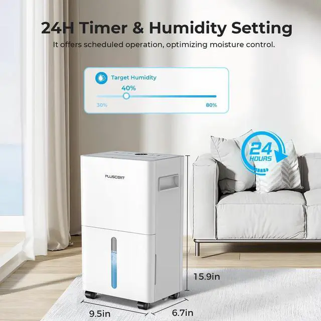 Alt view image 6 of 7 - 1500 Sq.ft Dehumidifier for Basement, PlUSCENT 21 Pints Quiet Dehumidifiers for Home, Large Room, Bedroom with Drain Hose, Smart Humidity Control & Monitor, 3 Operation Modes, 24H Timer, Auto Defrost