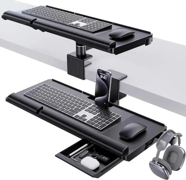 Main image of Keyboard Tray Under Desk&Above Desk - Adjustable Ergonomic Sit Stand Keyboard Riser w/360° Rotation, 24.4"×10.08" Keyboard Stand Desk Extender w/Wrist Rest&Storage Drawer-Black