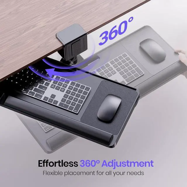 Alt view image 4 of 6 - Keyboard Tray Under Desk&Above Desk - Adjustable Ergonomic Sit Stand Keyboard Riser w/360° Rotation, 24.4"×10.08" Keyboard Stand Desk Extender w/Wrist Rest&Storage Drawer-Black