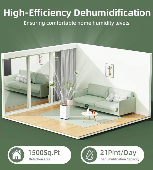 Alt view image 2 of 7 - 1500 sq.ft Dehumidifier for Basement, 21 Pints Dehumidifiers for Home with Drain Hose, Continuous Drainage, Washable Filter, ligent Humidistat for Bedroom, Large Room, White
