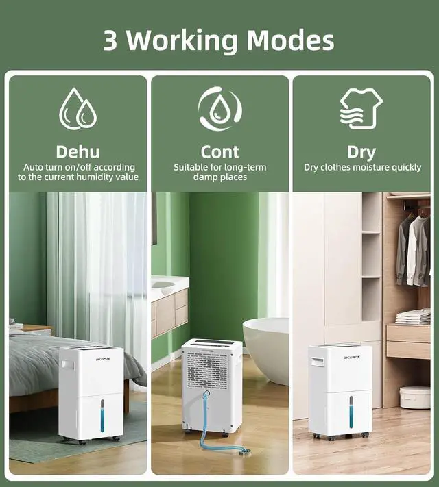 Alt view image 7 of 7 - 1500 sq.ft Dehumidifier for Basement, 21 Pints Dehumidifiers for Home with Drain Hose, Continuous Drainage, Washable Filter, ligent Humidistat for Bedroom, Large Room, White
