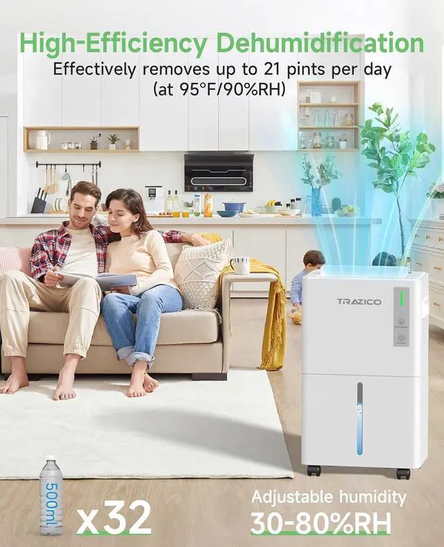 Alt view image 2 of 7 - 1500 Sq.ft Dehumidifier for Basement, Trazico 21 Pint Dehumidifiers for Home Large Room with Drain Hose, Smart Humidity Control, 3 Modes, 24H Timer, Auto Defrost, Ideal for Bedrooms, Bathroom, White