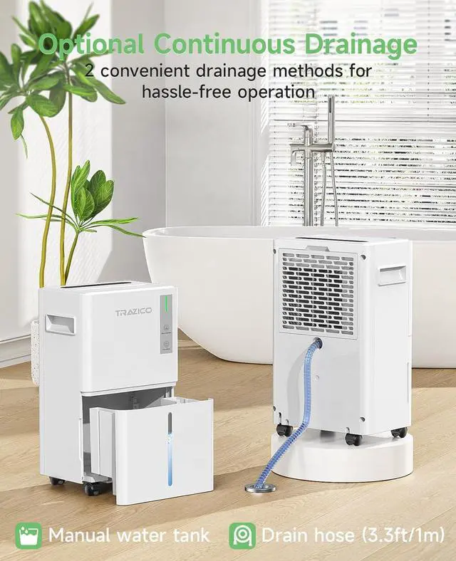 Alt view image 4 of 7 - 1500 Sq.ft Dehumidifier for Basement, Trazico 21 Pint Dehumidifiers for Home Large Room with Drain Hose, Smart Humidity Control, 3 Modes, 24H Timer, Auto Defrost, Ideal for Bedrooms, Bathroom, White