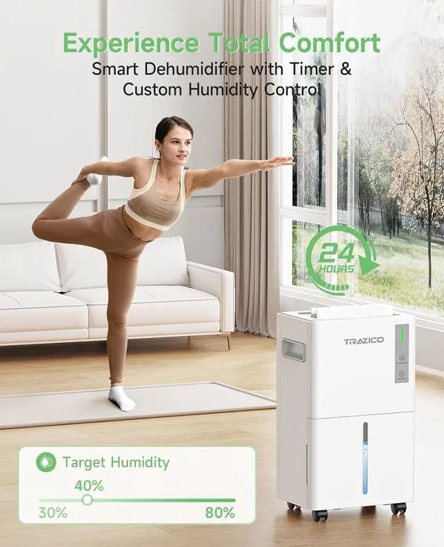 Alt view image 6 of 7 - 1500 Sq.ft Dehumidifier for Basement, Trazico 21 Pint Dehumidifiers for Home Large Room with Drain Hose, Smart Humidity Control, 3 Modes, 24H Timer, Auto Defrost, Ideal for Bedrooms, Bathroom, White