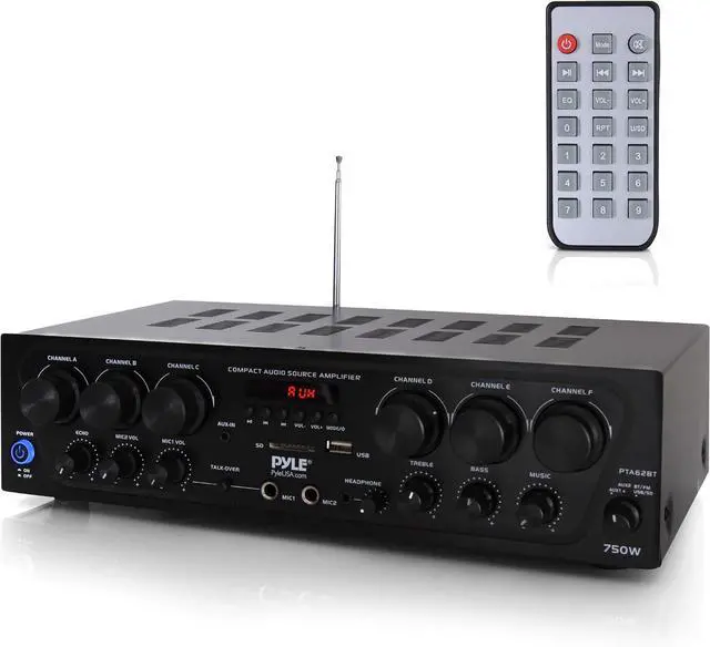 Main image of Wireless Bluetooth Home Audio Amplifier System-Upgraded 6 Channel 750 Watt Sound Power Stereo Receiver w/USB, Micro SD, Headphone,2 Microphone Input w/Echo, Talkover for PA - PTA62BT.5