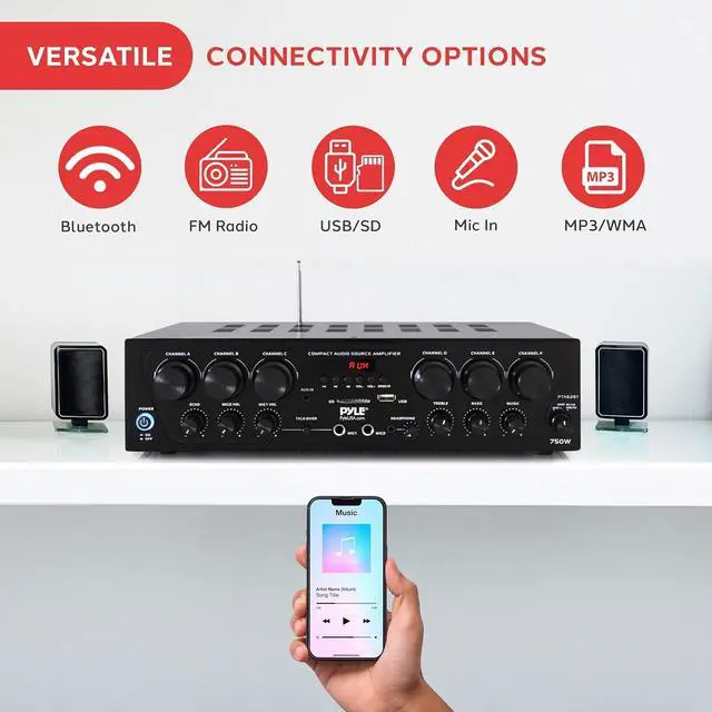 Alt view image 5 of 7 - Wireless Bluetooth Home Audio Amplifier System-Upgraded 6 Channel 750 Watt Sound Power Stereo Receiver w/USB, Micro SD, Headphone,2 Microphone Input w/Echo, Talkover for PA - PTA62BT.5