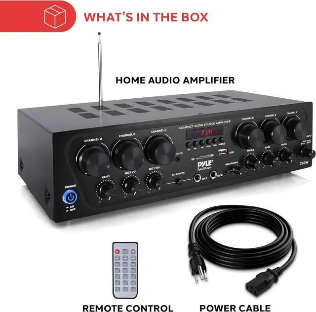 Alt view image 7 of 7 - Wireless Bluetooth Home Audio Amplifier System-Upgraded 6 Channel 750 Watt Sound Power Stereo Receiver w/USB, Micro SD, Headphone,2 Microphone Input w/Echo, Talkover for PA - PTA62BT.5