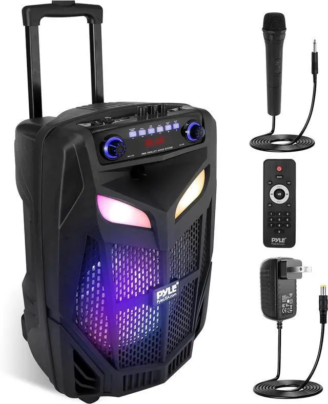 Main image of Portable Bluetooth PA Speaker System-800W 12 Indoor/Outdoor Bluetooth Speaker Portable PA System-Party Lights, USB SD Card Reader,FM Radio, Rolling Wheels-Wireless microphone,Remote- PPHP121WMB