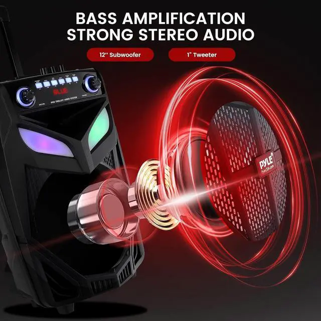 Alt view image 2 of 7 - Portable Bluetooth PA Speaker System-800W 12 Indoor/Outdoor Bluetooth Speaker Portable PA System-Party Lights, USB SD Card Reader,FM Radio, Rolling Wheels-Wireless microphone,Remote- PPHP121WMB