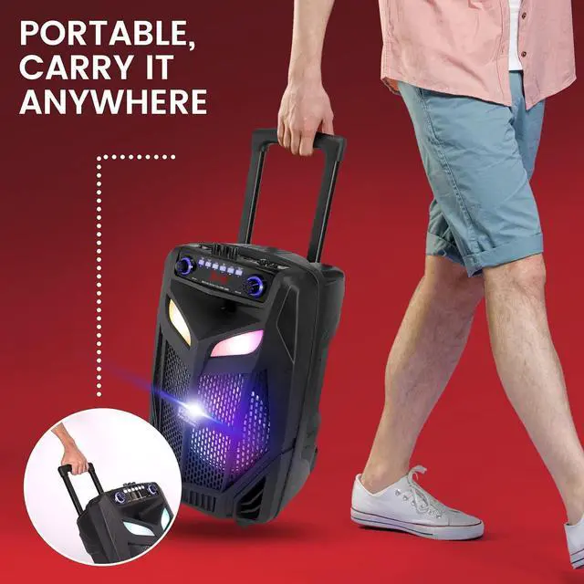 Alt view image 6 of 7 - Portable Bluetooth PA Speaker System-800W 12 Indoor/Outdoor Bluetooth Speaker Portable PA System-Party Lights, USB SD Card Reader,FM Radio, Rolling Wheels-Wireless microphone,Remote- PPHP121WMB