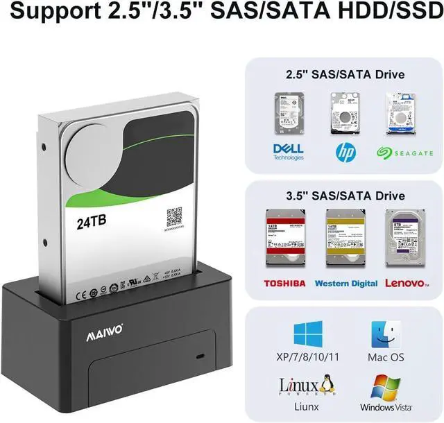 Alt view image 2 of 7 - SAS to USB 3.0 Adapter, SAS SATA Hard Drive Enclosure Reader for 2.5 3.5 Inch HDD SSD, 24TB Capacity, External Hard Drive Docking Station with 12V/2A Power, Tool Free