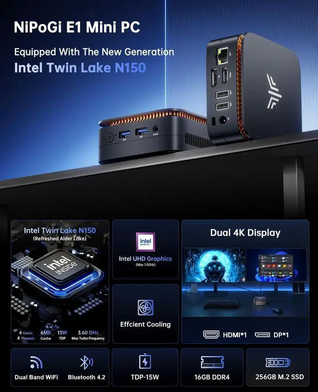 Alt view image 2 of 7 - E1 Mini PC, Desktop Computer N150(up to 3.6GHz) Mini Computers 16GB RAM 256GB SSD Micro PC, Mini Tower Desktop PC Support 4K HDMI, Dual WiFi, BT4.2 for Business Home Office