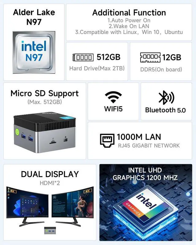 Alt view image 3 of 7 - Mini PC N97 Micro Desktop Computer, 12th Gen  N97 (up to 3.60GHz) 12GB DDR5+512GB SSD for Business, School, Office, Nucbox G5 12+512