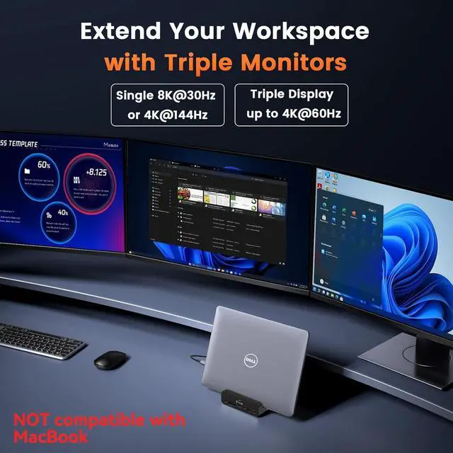 Alt view image 4 of 7 - 18-in-1 Triple 4K@60Hz Monitor Docking Station with 150W Power Supply, USB C Laptop Docking Station Stand(Single 4K@144Hz), 2.5Gbps Ethernet, 2 HDMI & DP, 8 USB, for Windows&ChromeOS