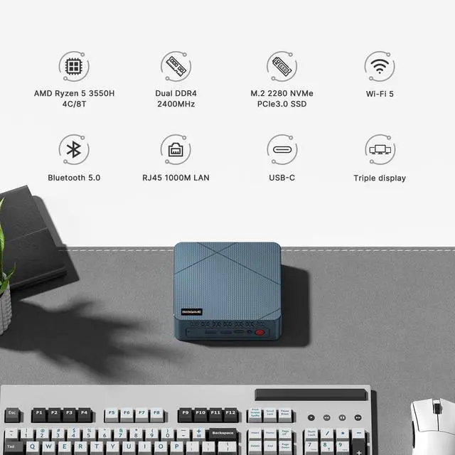 Alt view image 2 of 7 - E2 Mini PC Ryzen 5 3550H(Max 3.7GHz) Dual Channel DDR4 Mini Computers, 16GB RAM 512GB NVMe SSD, Dual HDMI, 4X USB Ports, 1x RJ45 Ethernet Ports, Wi-Fi 5, BT5.0