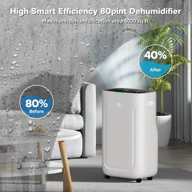 Alt view image 3 of 7 - 5000 Sq.Ft 80 Pint Dehumidifier for Basements with Large 6.5L Water Tank,24H Timer,Child Lock,Defrost,Silent,mold,4 Modes Operation Auto Shut-off