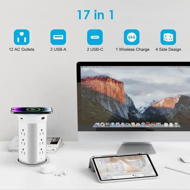 Alt view image 4 of 7 - 4-inch Pop Up Countertop Outlet with 15W Wireless Charger,Max 45W Power Delivery,2 USB-A & 2 USB-C & 12AC Outlets Tamper Resistant 15A, Island Pop Out for Home Office Kitchen