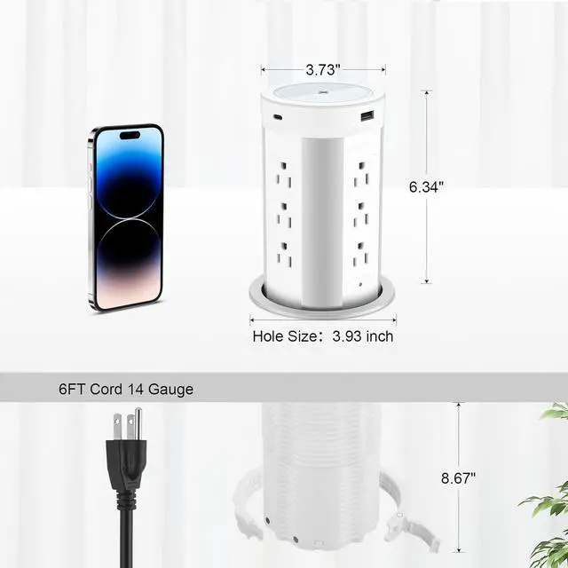 Alt view image 5 of 7 - 4-inch Pop Up Countertop Outlet with 15W Wireless Charger,Max 45W Power Delivery,2 USB-A & 2 USB-C & 12AC Outlets Tamper Resistant 15A, Island Pop Out for Home Office Kitchen