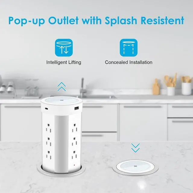 Alt view image 7 of 7 - 4-inch Pop Up Countertop Outlet with 15W Wireless Charger,Max 45W Power Delivery,2 USB-A & 2 USB-C & 12AC Outlets Tamper Resistant 15A, Island Pop Out for Home Office Kitchen