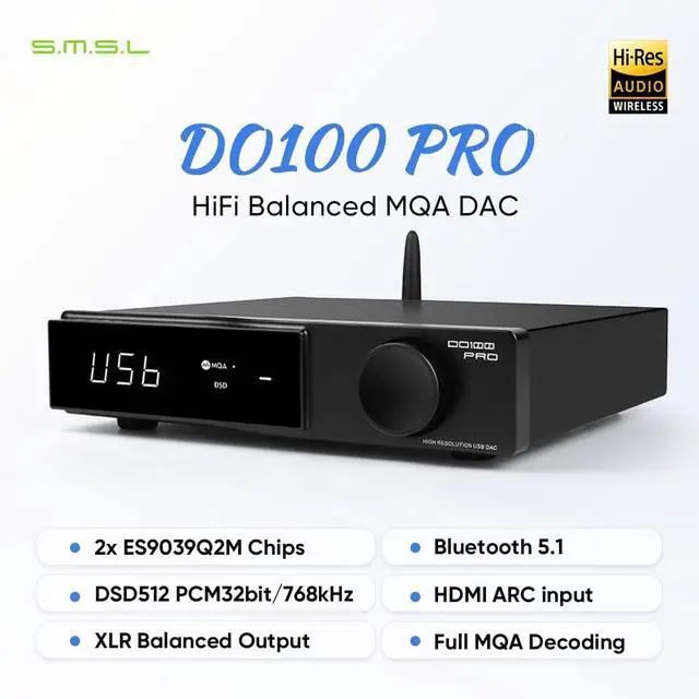 Alt view image 2 of 7 - DO100 PRO HiFi Balanced DAC with 2X ES9039Q2M & XMOS XU316, 768kHz/DSD512 USB Audio MQA Decoder Preamp, Bluetooth 5.1/Opt/Coax/HDMI ARC Input, RCA/XLR Digital-Analog Converter for PS5/Amp
