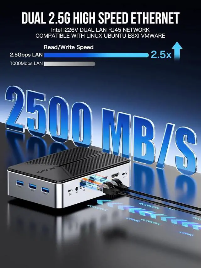 Alt view image 5 of 7 - Mini PC NAS, G9  N150 Dual Boot Linux Desktop Computer 12GB DDR5 64GB EMMC M.2 SSD, 4*M.2 NVMe Slots, Dual NIC 2.5GbE, USB-C/USB 3.2 10Gbps, Network Attached Storage