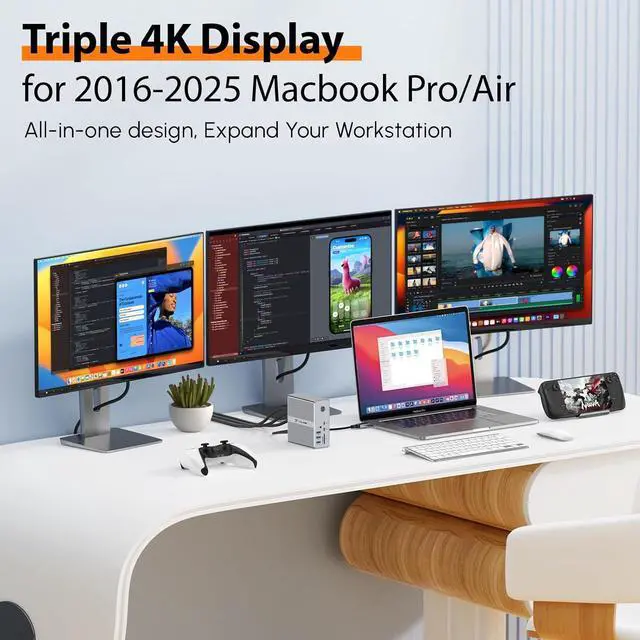 Alt view image 3 of 7 - TobenONE DisplayLink Docking Station Triple Monitor with 120W Power Adapter, Triple 4K Display for MacBook Pro/Air, Thunderbolt 4/3, USB-C Windows(3X HDMI, 3X DP, 2xUSB-C, 4xUSB 3.2, SD/TF)