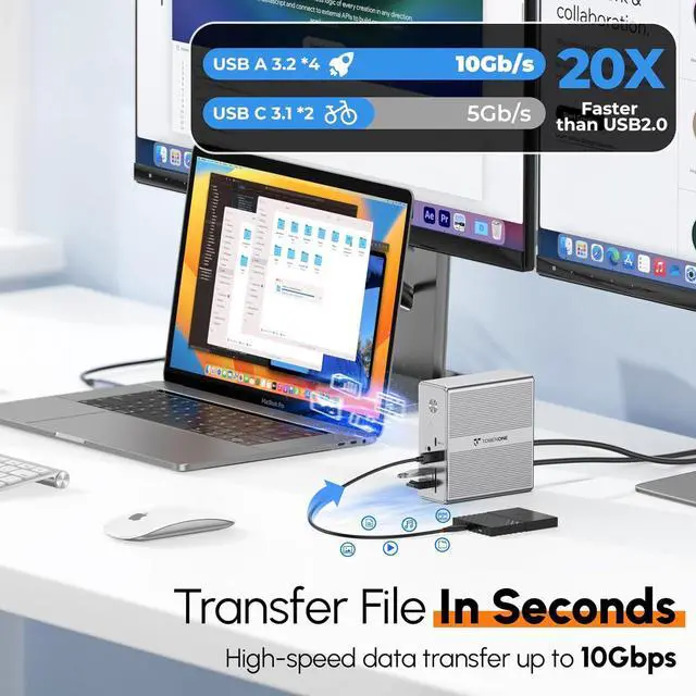 Alt view image 6 of 7 - TobenONE DisplayLink Docking Station Triple Monitor with 120W Power Adapter, Triple 4K Display for MacBook Pro/Air, Thunderbolt 4/3, USB-C Windows(3X HDMI, 3X DP, 2xUSB-C, 4xUSB 3.2, SD/TF)
