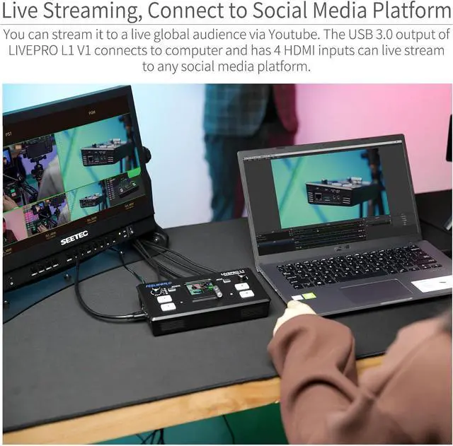 Alt view image 2 of 7 - FEELWORLD LIVEPRO L1 V1 Multi Camera Video Mixer Switcher 2 Inch LCD Display 4 x HDMI Inputs USB 3.0 Output Format Real Time Production Live Streaming Lightweight