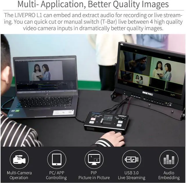 Alt view image 4 of 7 - FEELWORLD LIVEPRO L1 V1 Multi Camera Video Mixer Switcher 2 Inch LCD Display 4 x HDMI Inputs USB 3.0 Output Format Real Time Production Live Streaming Lightweight