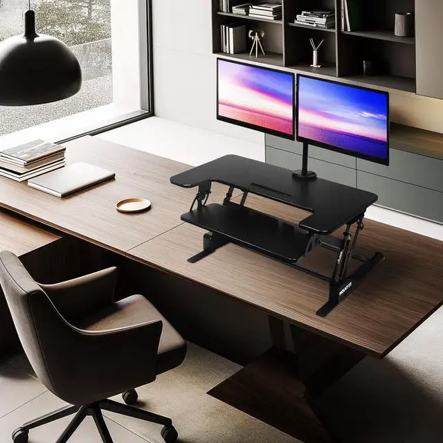 Alt view image 7 of 7 - Standing Desk Converter Dual Monitor, 2 Screen Mounts Included, Height Adjustable Desk Riser in Black, Stand Up Desk Convertor Large 36" Wide, Sit Stand Convertor with Manual Lift Gas Spring