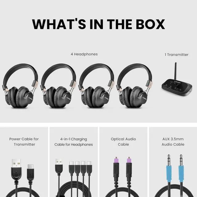 Alt view image 7 of 7 - Quartet 2 - Wireless Group Listening Headphones & Transmitter Set for Parties, Silent Discos, Church, TV - Multiple Rechargeable Headphones with Low Latency & Clear Sound