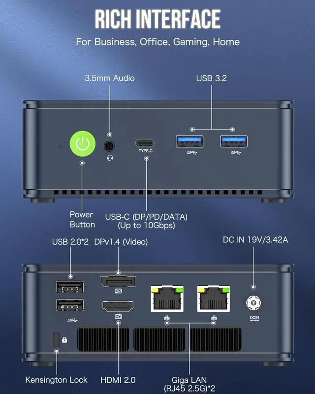 Alt view image 6 of 7 - M5 Plus Gaming Mini PC Ryzen 7 5825U (Upgraded 5700U), 32GB RAM 1TB SSD Dual NIC LAN 2.5GbE Desktop Computers, Triple 4K Display, WiFi 6E, USB3.2, USB-C, BT 5.2, DP, HDMI 2.0