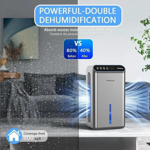 Alt view image 3 of 7 - 85 OZ Dehumidifier for Home, 801 sq ft Quiet Dehumidifier with Drain Hose, Reusable Filter, Sleep Mode, Auto Shut Off, Timer, Portable for Bedroom Bathroom, Basement