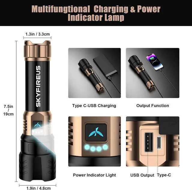 Alt view image 4 of 7 - LED Flashlights High Lumens with Ignition Lens,1500000lm Super Bright Rechargeable Flashlight, Zoomable,Four Modes,Waterproof Tactical Flash Light for Camping Essentials,Outdoor and Home