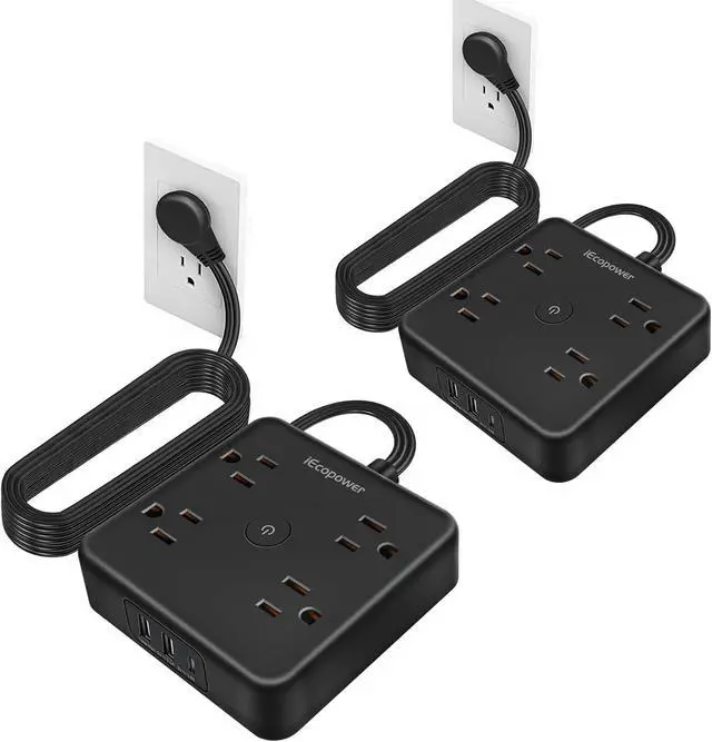 Main image of Surge Protector Power Strip 15 ft Cord,Long Power Strip with 4 Widely Outlets, Thin Extension Cord with 3 USB Ports(1 USB C Port),Slim Desk Charging Station,Black(2 Pack)