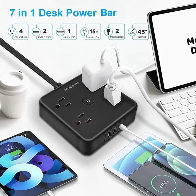 Alt view image 2 of 7 - Surge Protector Power Strip 15 ft Cord,Long Power Strip with 4 Widely Outlets, Thin Extension Cord with 3 USB Ports(1 USB C Port),Slim Desk Charging Station,Black(2 Pack)