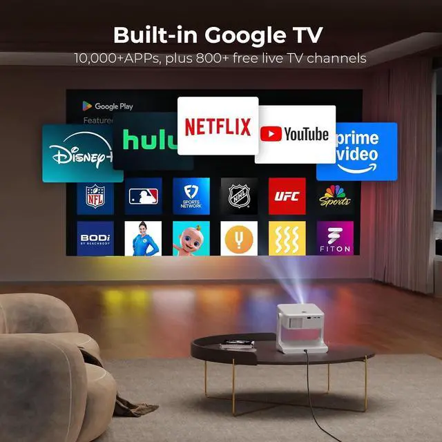 Alt view image 2 of 7 - Outdoor-Projector-4K [1200 ANSI/Google TV/Voice Control] Smart Projector with WiFi 6 and Bluetooth, 10,000+ Apps, AI Focus Portable Proyector with Netflix, Sovbio 1080P Audio Movie Home [180° Stand]
