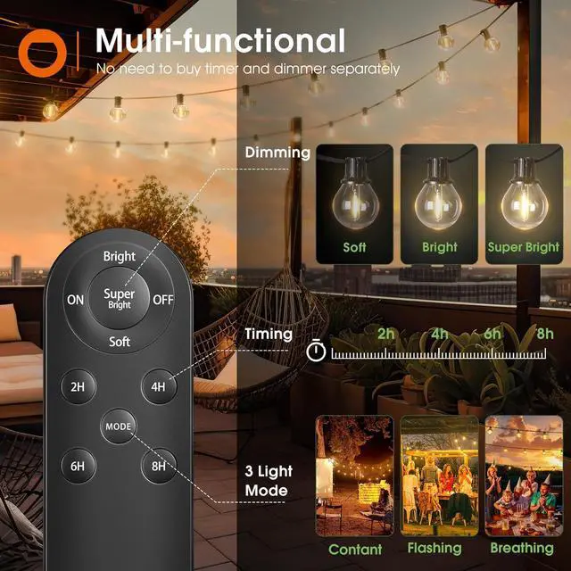 Alt view image 4 of 7 - 100FT Solar String Lights Outdoor with Remote, 54 LED Shatterproof Bulbs, Dimmable & Timable, 3 Light Modes, G40 Waterproof Solar String Lights for Outside Backyard Party Decor