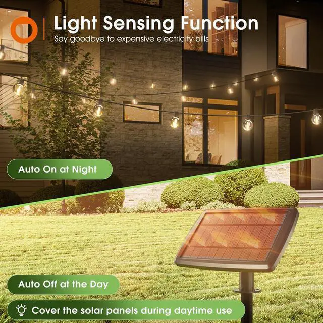 Alt view image 5 of 7 - 100FT Solar String Lights Outdoor with Remote, 54 LED Shatterproof Bulbs, Dimmable & Timable, 3 Light Modes, G40 Waterproof Solar String Lights for Outside Backyard Party Decor