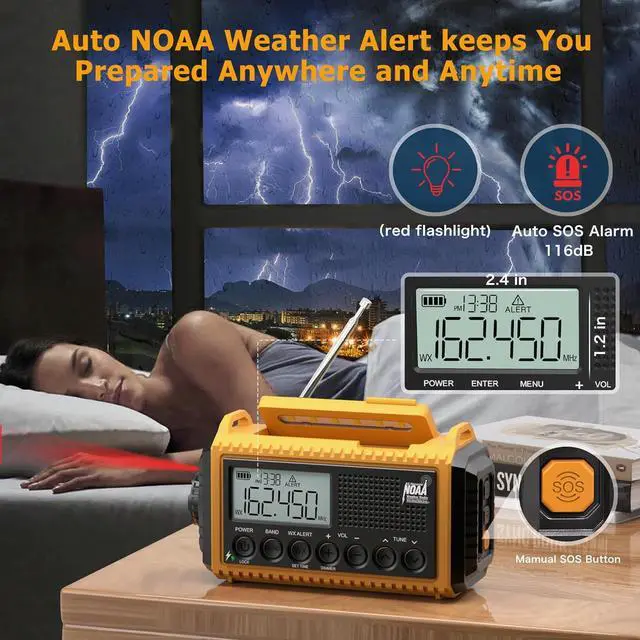Alt view image 2 of 7 - 12000mAh NOAA Emergency Weather Radio, Hand Crank Emergency Radio Portable AM FM Shortwave,Solar Rechargeable Battery Powered Radio with USB-C Charger & Adapter, SOS Alert Flashlight for Home Camping