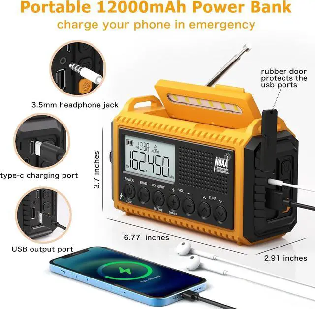 Alt view image 4 of 7 - 12000mAh NOAA Emergency Weather Radio, Hand Crank Emergency Radio Portable AM FM Shortwave,Solar Rechargeable Battery Powered Radio with USB-C Charger & Adapter, SOS Alert Flashlight for Home Camping