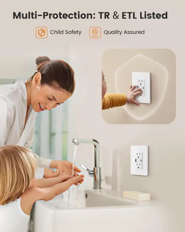 Alt view image 4 of 7 - 15 Amp GFCI Outlet with USB-C & USB-A Ports, Self-Test GFCI Electrical Outlet Combination with USB, Tamper-Resistant GFCI USB Outlet, Screwless Wall Plate Included, ETL Listed, White,2-Pack