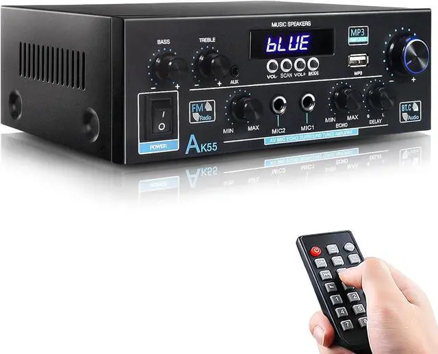 Main image of AK55 Stereo Amplifier Home Audio, Bluetooth 5.0 Max 450W Power Stereo Receivers 2.0 Channel Audio Amplifier for Speaker W/Remote Control/AUX/RCA/Echo/USB/2 MIC in for Home Party, Karaoke