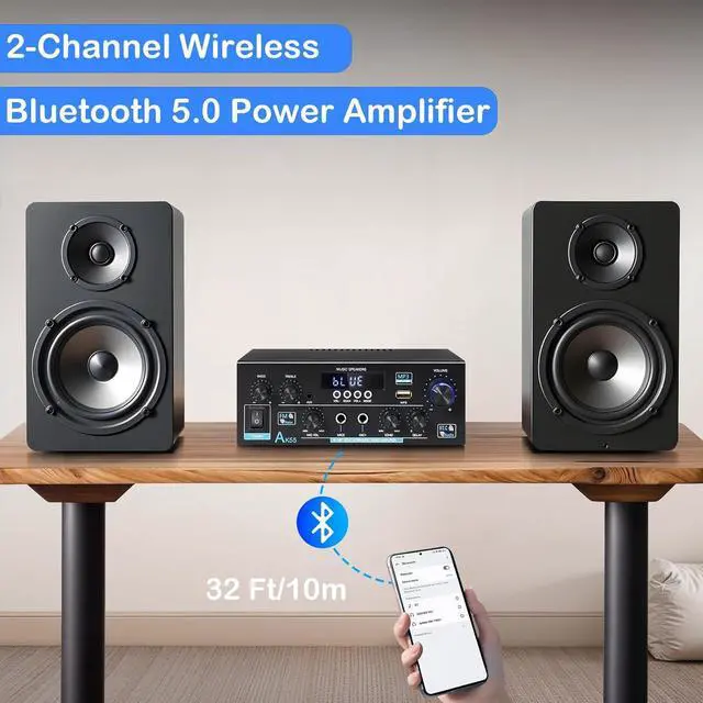 Alt view image 2 of 7 - AK55 Stereo Amplifier Home Audio, Bluetooth 5.0 Max 450W Power Stereo Receivers 2.0 Channel Audio Amplifier for Speaker W/Remote Control/AUX/RCA/Echo/USB/2 MIC in for Home Party, Karaoke