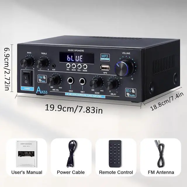 Alt view image 4 of 7 - AK55 Stereo Amplifier Home Audio, Bluetooth 5.0 Max 450W Power Stereo Receivers 2.0 Channel Audio Amplifier for Speaker W/Remote Control/AUX/RCA/Echo/USB/2 MIC in for Home Party, Karaoke